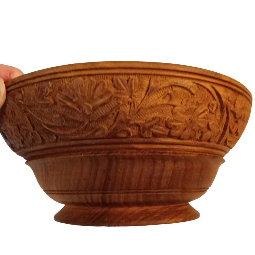 Wood Hand Carved Decorative Flowers Round Bowl Boho Made in India Vtg 8.25